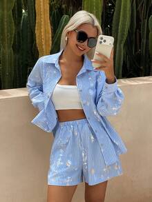 DAZY Vacation Style Striped Silver Foil Floral Pattern Loose Shirt Pajama Set For Women - Blue - View 10