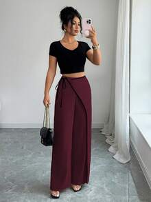 SHEIN Elenzya 优雅杏色撞色阔腿女士西装裤 - 酒紅色 - 查看 6