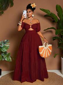 Maweii Vestido mini de talla grande para mujer con hombros descubiertos, mangas de pétalos y unicolor para vacaciones - Burdeos - Ver 4