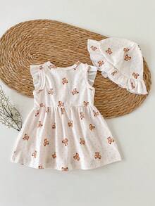 SHEIN 1pc Newly Born Baby Girls' White Summer Cute Cartoon Bear Print Flutter Sleeve Bow Tie Dress Skirt With Hat,Snap Button Design,Casual Outing Outfit - Apricot - View 2