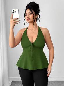SHEIN Elenzya Áo hai dây gợi cảm, thanh lịch dành cho nữ cỡ lớn, đa năng, phù hợp đi làm, thiết kế lưng thun co giãn, lý tưởng cho các hoạt động hàng ngày, đi làm và hẹn hò. - màu xanh lá - Xem 3