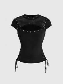 ROMWE Grunge Punk Áo thun nữ ôm sát phong cách punk lưới kim loại có khoen buộc dây, thích hợp cho lễ hội âm nhạc mùa hè. - màu đen - Xem 1