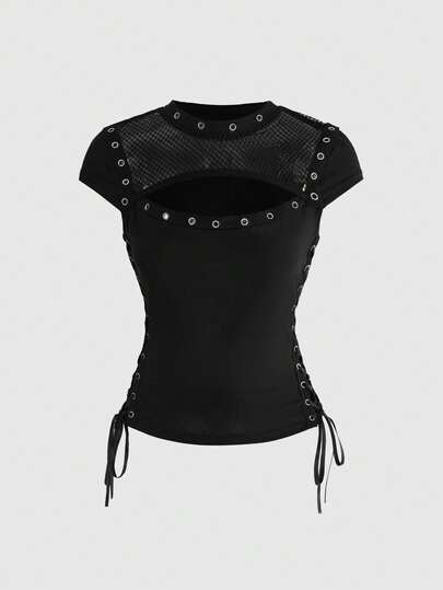 ROMWE Grunge Punk Summer Music Festival Punk Tight Mesh Metal Grommet Lace-Up Design Fitted Women T-Shirt