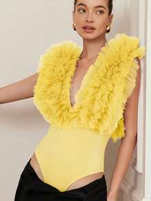 Aveloria Rosie Bộ đồ liền thân không tay cổ chữ V sâu, chất liệu lưới, họa tiết hoa 3D, thanh lịch và gợi cảm dành cho nữ. - Vàng nhạt - Xem 7