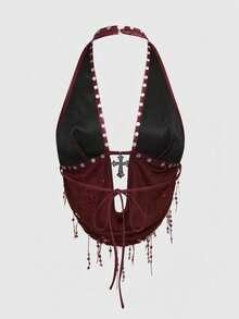 ROMWE Grunge Punk Conjunto de mujer con colgante de cruz metálica, parches de PU, red de pesca y cuentas, estilo Y2K Baddie para festivales de música - Burdeos - Ver 7