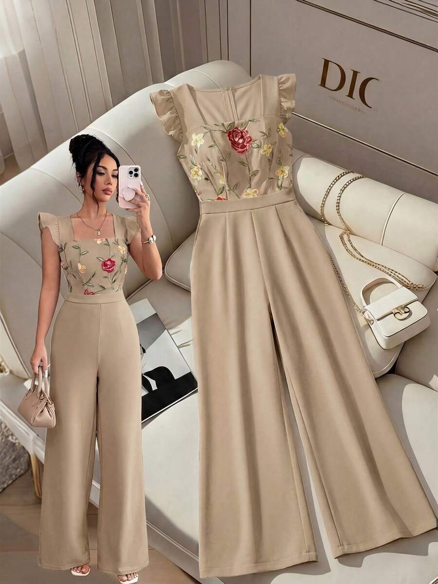 GlowEve Square Neck Cap Sleeve Ruffled Hem Floral Print Jumpsuit, Summer Rompers For Women Elegant Long - Khaki - View 1