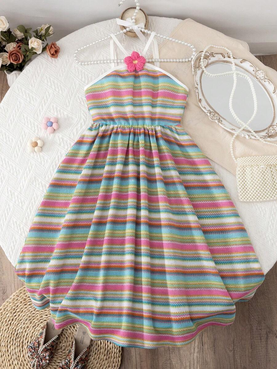 SHEIN 1件女童可爱彩虹条纹吊带露背连衣裙，甜美夏季度假海滩派对服装 - 彩色 - 查看 1