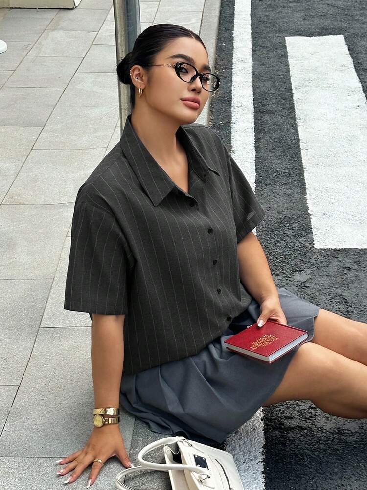 Dazy Plus Plus Size Striped Loose Fit Short Sleeve Black Casual Shirt Summer