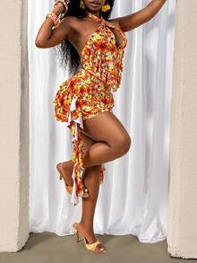Glyssa Sexy Women's Hollow Out Printed 2 Pieces Set, Random Cut - Multicolor - View 4