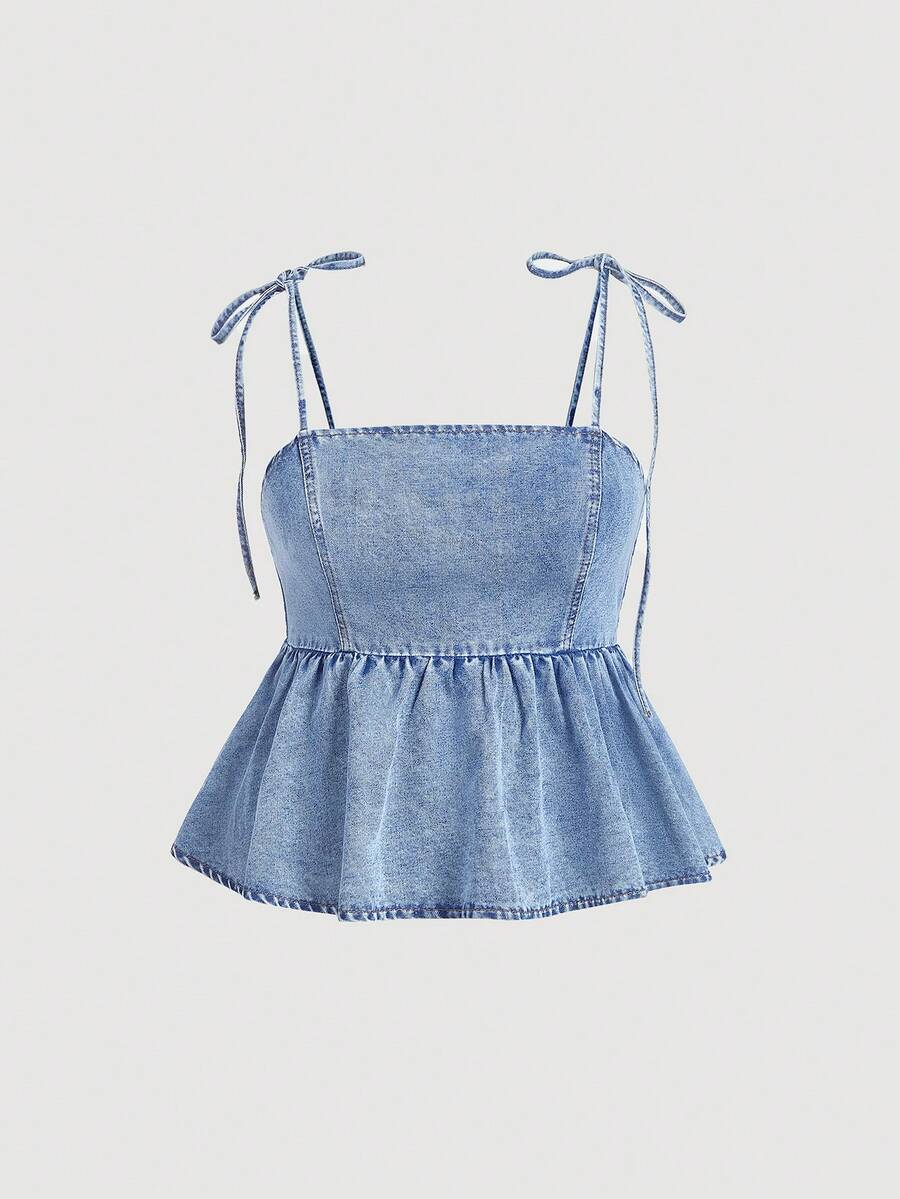 SHEIN MOD Plus Size Denim Camisole Top With Ruffle Hem, Light Blue Vacation Summer - Light Wash - View 1