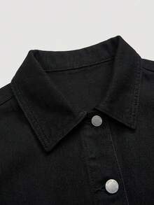Maija Women's Casual Daily Commute Simple Solid Color Patchwork Pocket Short Sleeve Denim Shirt And Denim Mini Skirt Set, Summer - Black - View 5