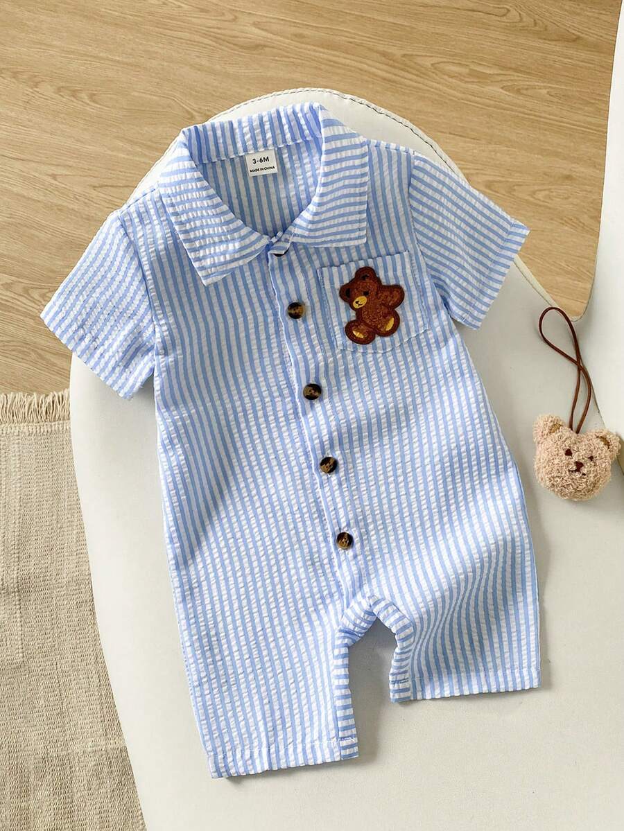 SHEIN Baby Boy Short Sleeve Lapel Cute Animal Print Snap-Up Romper, Infant Summer Lapel Jumpsuit, Suitable For Spring & Summer, Fits 3M-24M - Blue and White - View 1
