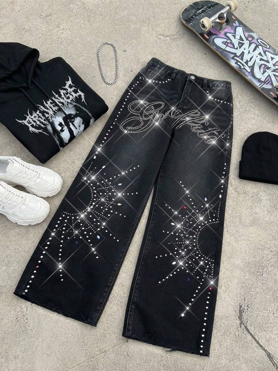 Quần jeans ống đứng màu đen đơn giản, thoải mái, phong cách Y2K cổ điển, cá tính, họa tiết chữ lấp lánh và hình kim cương, thích hợp mặc hàng ngày, dự tiệc mùa xuân hè và dạo phố. - màu đen - Xem 1