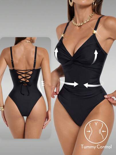 Shapewave Damen Einteiliger Badeanzug mit Twist in Unifarbe, Urlaub & Strand