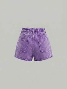 SHEIN Girlism Váy quần denim màu trơn, kiểu dáng Y2K, thiết kế khóa không đều, dành cho bé gái tuổi teen, thích hợp cho kỳ nghỉ hè, trang phục mùa hè cho bé gái, phong cách đường phố đi học. - Màu tím - Xem 2