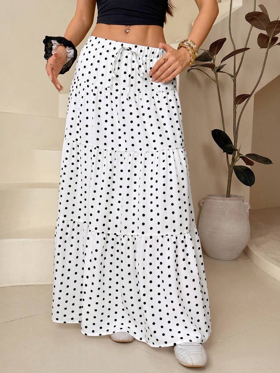 SHEIN PETITE 女士白色波点休闲度假半身裙，适合外出穿搭、街头风、Y2K风格服饰、春夏装、波西米亚风白色半身裙、夏季长裙 - 白色 - 查看 1