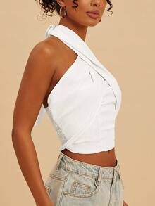 Travachic Women's Solid Color Woven Halter Neck Camisole, Spring/Summer,Summer Top - White - View 3