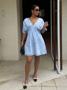 Dripcurv Plus Size Women Deep V-Neck Casual Party Denim Dress - Light Wash - View 4