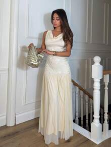 Women's Romantic Ruffle Off-Shoulder Embroidered Mesh Dress For Wedding Season & Holiday, Spring/Summer Prom Dress Graduation Dress - Apricot - View 6