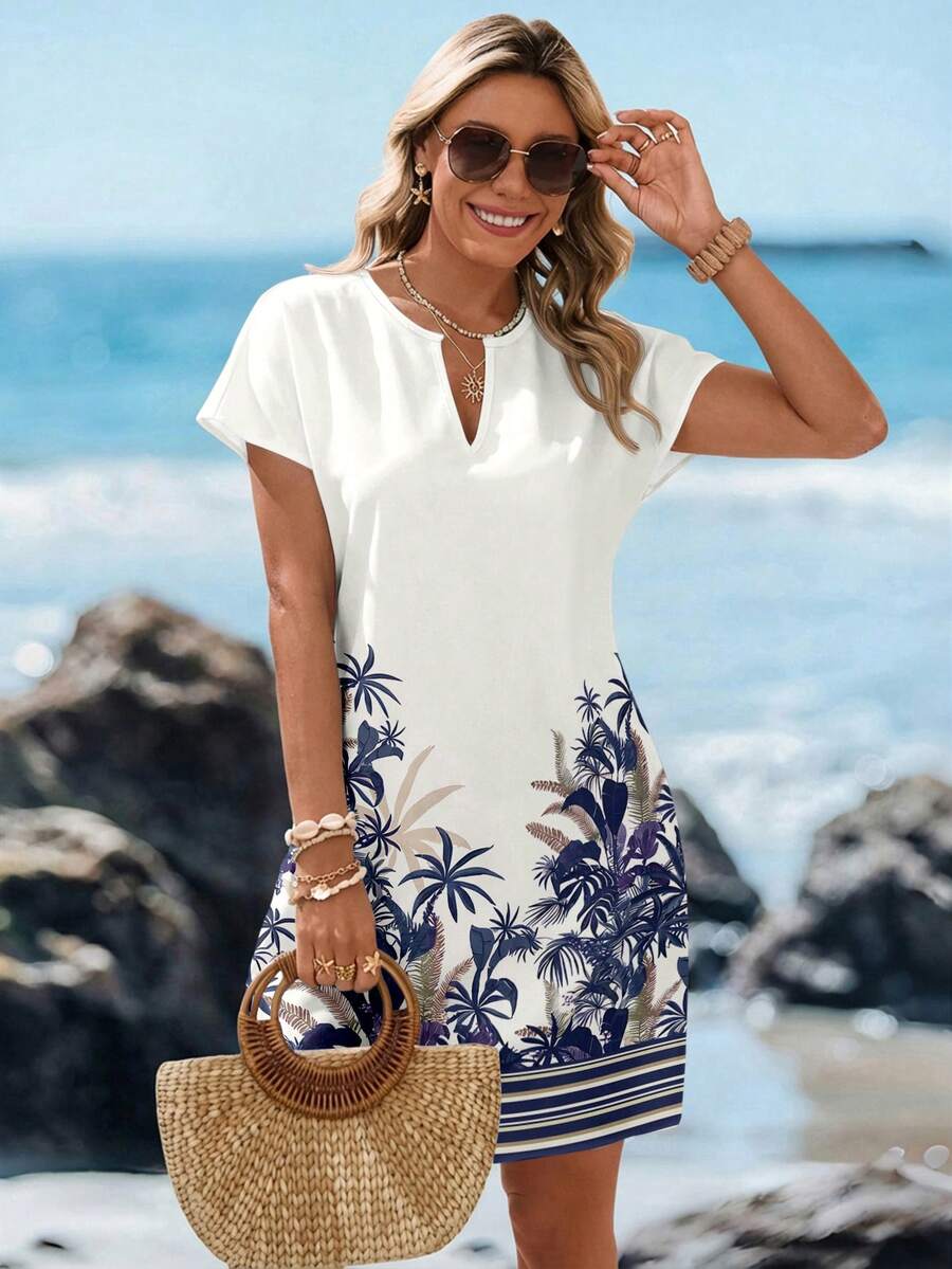 SHEIN LUNE Casual Minimalist V-Neck Short Dress For Women, Suitable For Spring/Summer,Summer Dresses For Women - Multicolor - View 1