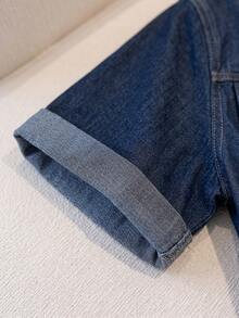 Modelyn CURVE 大码纯色极简日常短袖收腰牛仔衬衫，适合夏季嘉年华、通勤、度假、毕业等场合，时尚百变，可爱街头风，性感派对婚礼优雅商务休闲女装，适合海滩、毕业典礼等场合。女士时尚牛仔荷叶边短袖松紧腰休闲衬衫，时尚女士牛仔短袖翻领衬衫，腰部褶皱设计。 - 藍色 - 查看 5