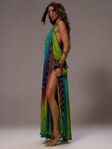 MUSERA Chiffon Extreme Open Back Split Sleeve Halter Neck Printed Maxi Dress Sexy Summer Spring Rave Beach Festival Holiday Vacation Ibiza Party Going Out Urchin - Yellow - View 3