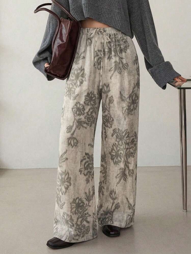 Women's Elegant Ditsy Floral Loose Casual Pants, Lightweight Commuter Style, Suitable For Spring And Summer