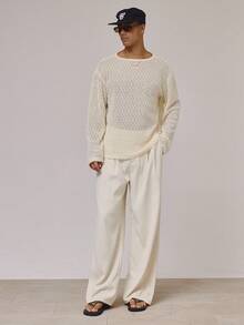Relaxed Boat Neck Long Sleeve Dropped Shoulder Sheer Textured Top Spring Summer Holiday Essentials - Apricot - View 3