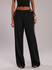 SHEIN BAE Brown Casual Beaded Decor Wide Leg Pants/Relaxed Fit Trousers, Suitable For Vacation, Commute, Outing, Summer - Black - View 6