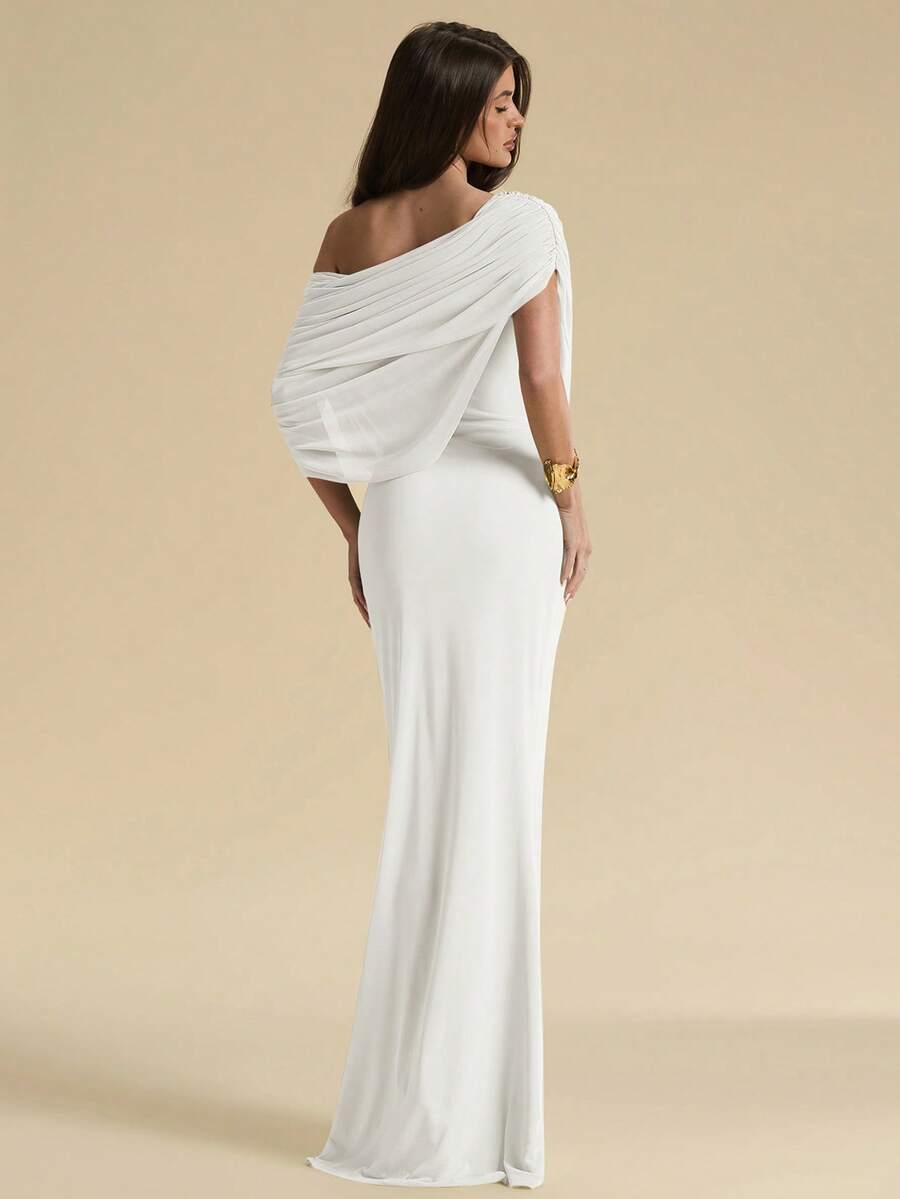 SHEIN BAE Mintgrünes Off-Shoulder gerafftes figurbetontes elegantes Kleid, eng anliegendes elegantes Kleid, fließendes Kleid - Weiss - Übersicht 1