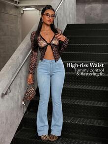 SHEIN Tall 女款口袋鈕扣休閒百搭日常穿著喇叭牛仔褲，適合高個女性 - 藍色 - 查看 3