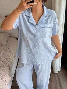 SHEIN Napfluff CURVE Bộ đồ ngủ cỡ lớn chất liệu cotton jacquard màu xanh nhạt, cổ áo thanh lịch, tay ngắn. - Màu xanh nhạt - Xem 2