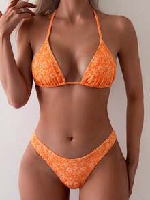 Swim Mod Set Bikini Tropis Seksi Wanita Motif Bunga untuk Liburan Pantai Musim Panas, Motif Acak Oranye - Jeruk - View 4