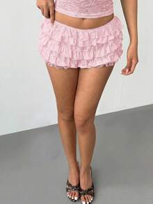 Aloruh Women's New Sexy Lace Solid Black Ruffle Hem Low Waist Shorts Hotpants - Baby Pink - View 3