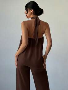Firerie Bộ đồ nữ thanh lịch, thoải mái, màu hồng chiffon, không tay, cổ yếm, buộc dây, vạt áo lệch vai và quần ống đứng dáng rộng, mẫu mới Xuân/Hè. - màu nâu - Xem 6