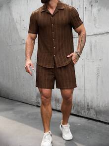 Manfinity Homme Men's Fashion Striped Single-Breasted Shirt And Drawstring Waist Casual Shorts Set - Multicolor - View 8