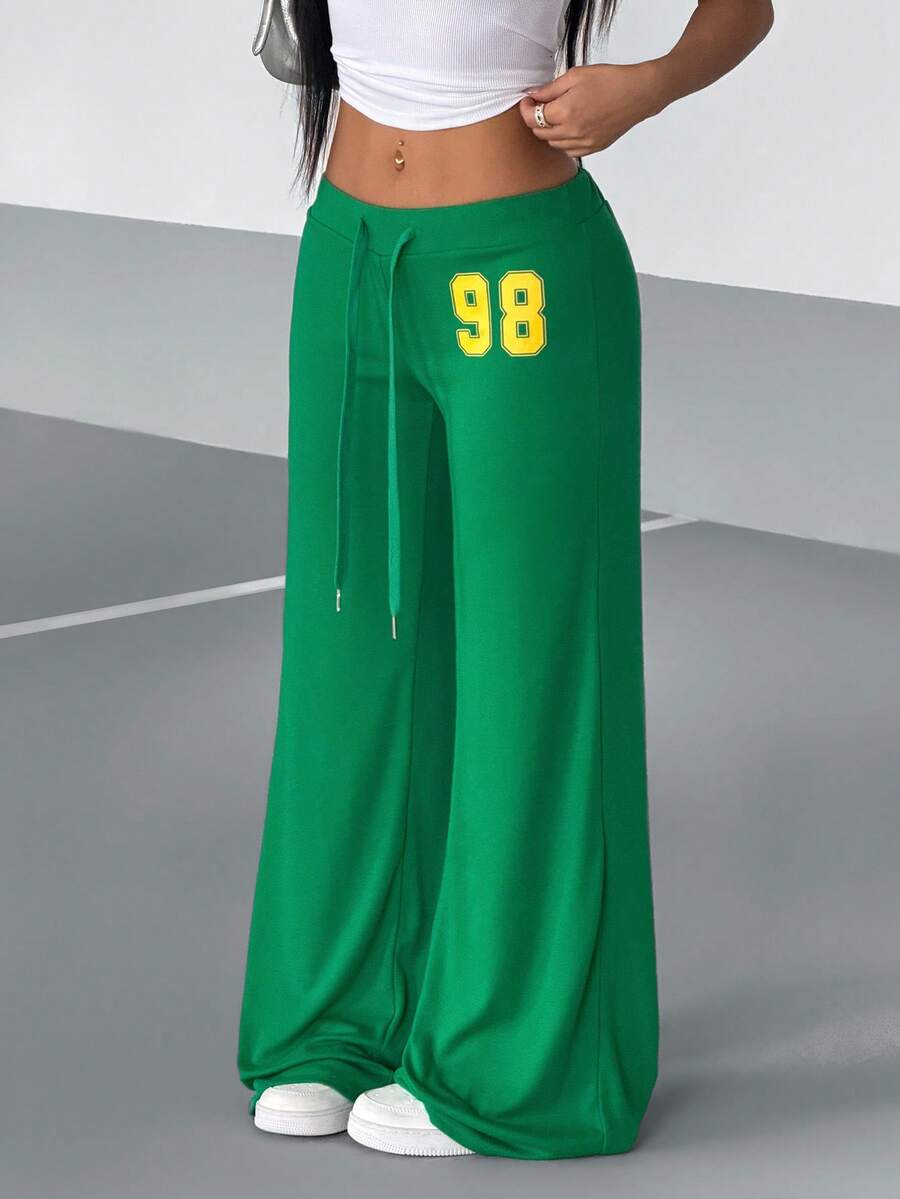 StreetHx Pantalones de punto con estampado numérico de cintura baja en verde para mujer - Verde - Ver 1