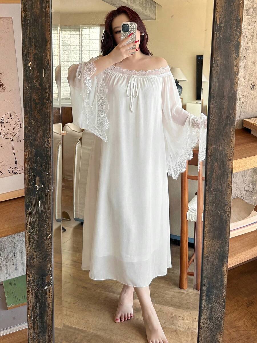 Dazy Plus Plus Size Women Contrast Lace Sexy Long Sleeve Chiffon Maxi Nightgown, Spring/Summer - White - View 1