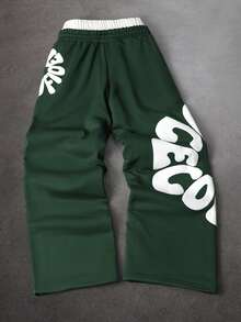 Manfinity Homme Pantalones de chándal casuales y sueltos con cordón en la cintura y estampado de letras para hombres - Verde Oscuro - Ver 2