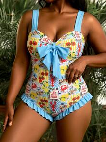 Swim Vcay Plus Size Women's One-Piece Swimsuit With Bow Decor All-Over Print, Suitable For Beach Vacation, Pool Party, Beach Party - Multicolor - View 6