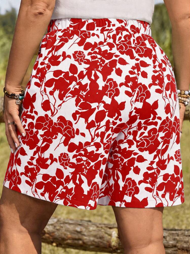 Plus Size Women Drawstring Waist Pockets All-Over Print Casual Versatile Daily Wear Shorts