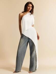 SHEIN BAE Áo kiểu voan mỏng màu mơ bất đối xứng, hở vai sau, thanh lịch, thích hợp cho đi chơi, du lịch, đi biển, dự đám cưới, ăn trưa. - trắng - Xem 5