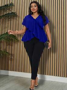 Villa Velisse Plus Size Elegant Solid Color Ruffle Trim Blouse, Summer Spring Wedding Guest Gym Party Brown - Blue - View 4