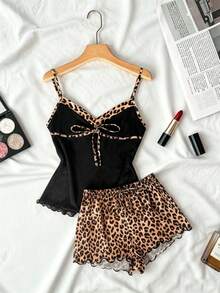 ZzzCrew 2 piezas Conjunto de pijama de mujer con estampado de leopardo y parches con lazo - Multicolor - Ver 7