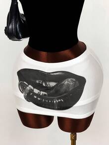 Amplova Women's Lip Print Bodycon Mini Skirt - Black and White - View 8