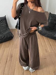 Coolane 女士夏季极简街头风基础日常穿搭外出运动舒适露肩T恤和阔腿运动裤两件套 - 棕色 - 查看 5