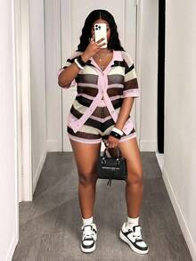 Slaydiva New Loose Shirtcollar Open Front Short Sleeve Shorts Striped Colorblock Plus Size Women 2pcs Summer Knitted Casual Vacation Suit Set-A In Fall/Winter - Pink - View 5