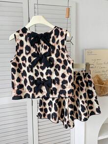 2pcs/Set Tween Girls Casual Textured Fabric Bow Back Tank Top And Shorts Set - Black - View 6