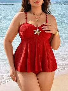 Swim Lushoire Áo tắm tankini hai dây kiểu dáng tối giản dành cho phụ nữ cỡ lớn, chất liệu vải gợn sóng, phong cách Châu Âu và Mỹ, dành cho người trưởng thành. - Đỏ - Xem 3