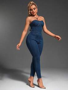 SHEIN SXY Solid Color Backless Tube Top Jumpsuit, Fashionable For Summer - Blue - View 2